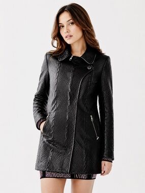 GUESS Yelena Coated Trench Coat Jacket Black XS Textured Faux Leather